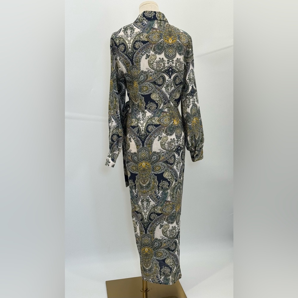 Magaschoni Sophisticated Paisley Belted Wrap Dress – Navy Gold Long Sleeve Midi - Picture 4 of 17